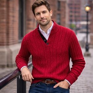 Jos. A. Bank Red Cable Knit Henley Sweater | XL | 100% Cotton